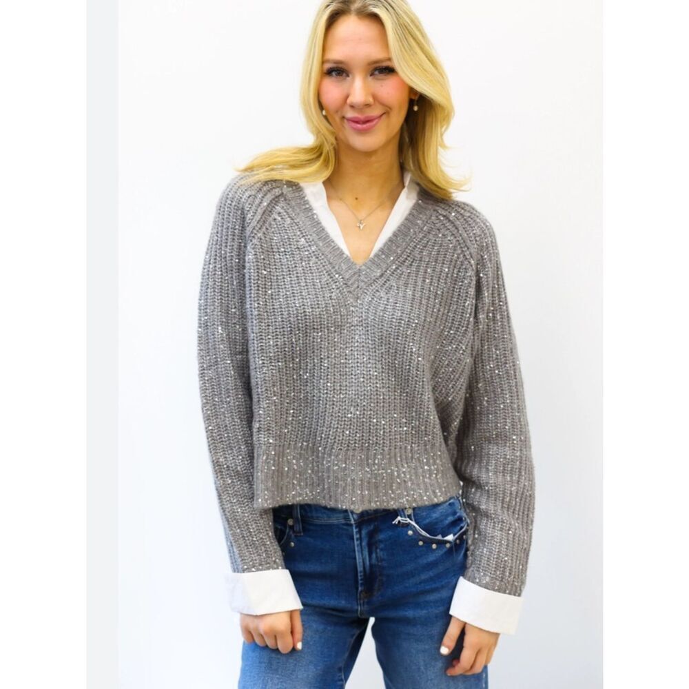 Elan Grey Sequins detail Sweater with Collar NWT XS